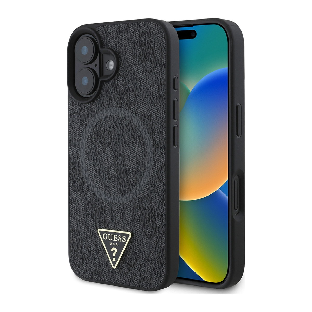 Apple iPhone 16 Kılıf Guess Orjinal Lisanslı M-safe Şarj Özellikli PU Üçgen Logo 4G Desenli Kapak