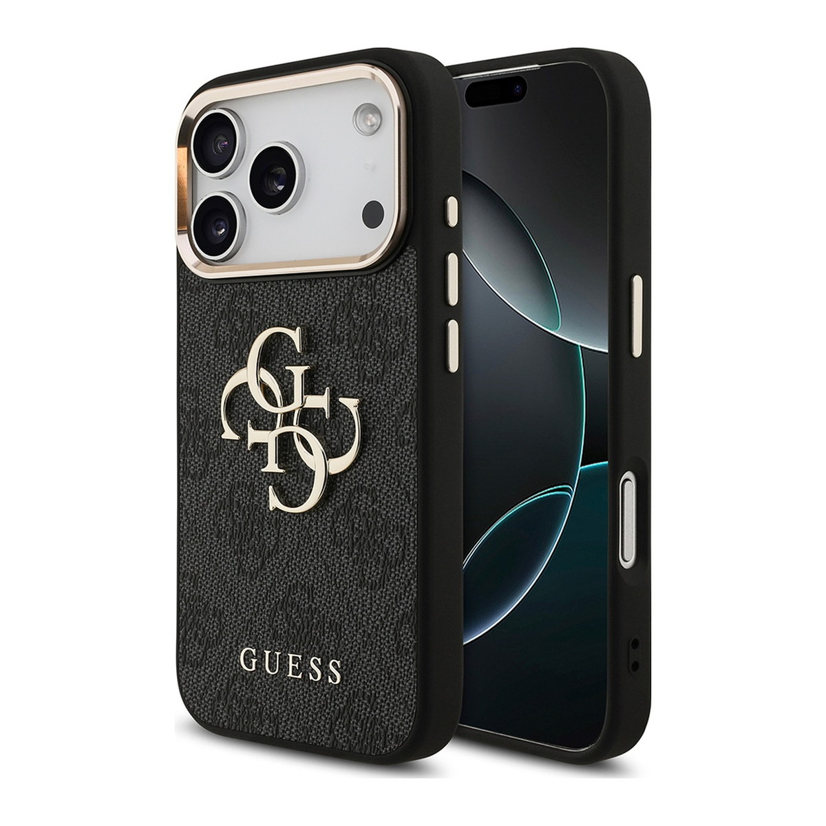 Apple iPhone 17 Pro Kılıf Guess Orjinal Lisanslı Gold Metal Kamera Çerçeveli 4G Desenli Metal Büyük 4G ve Yazı Logolu Kapak