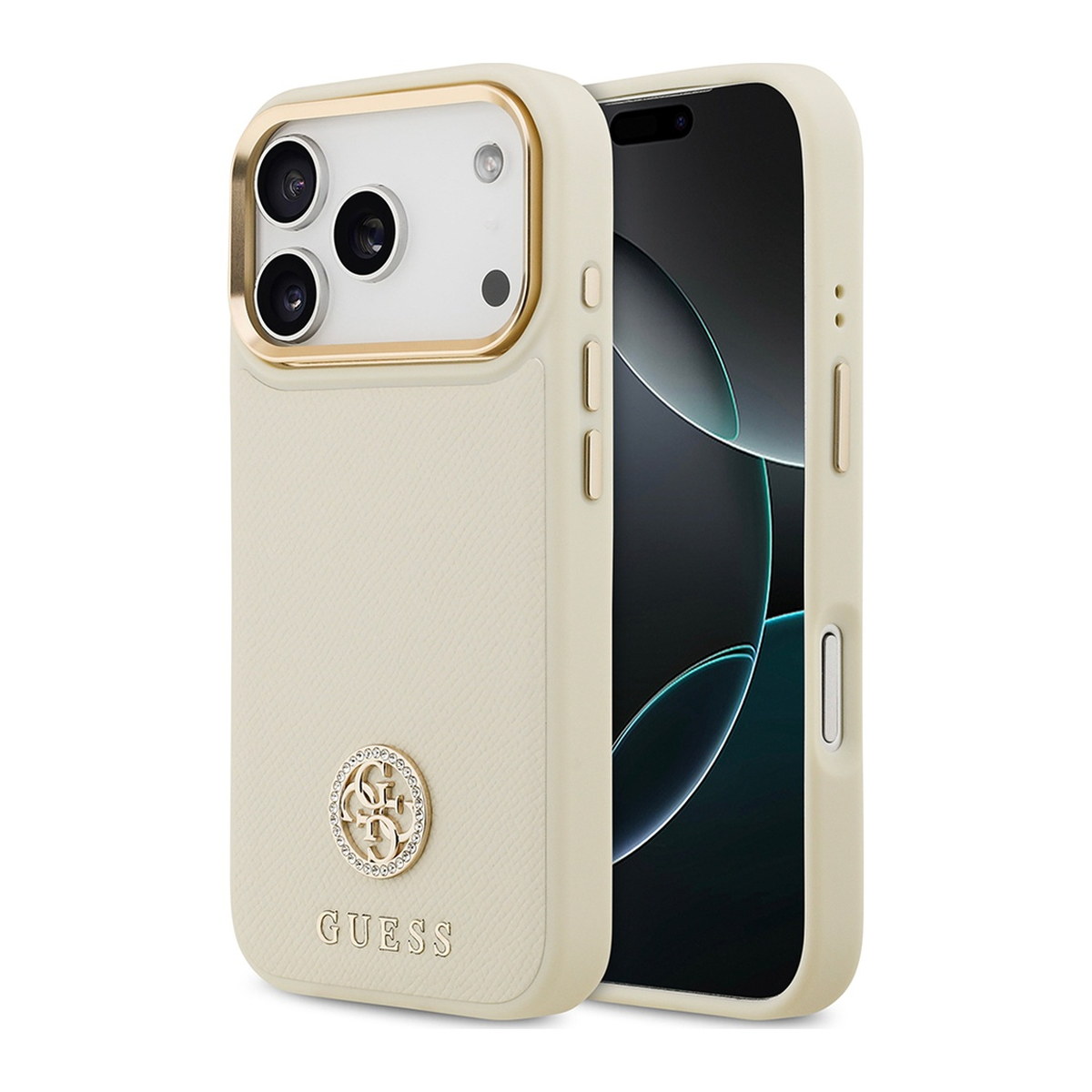 Apple iPhone 17 Pro Kılıf Guess Orjinal Lisanslı M-safe Şarj Özellikli Grained Yazı ve Taşlı 4G Logolu Kapak