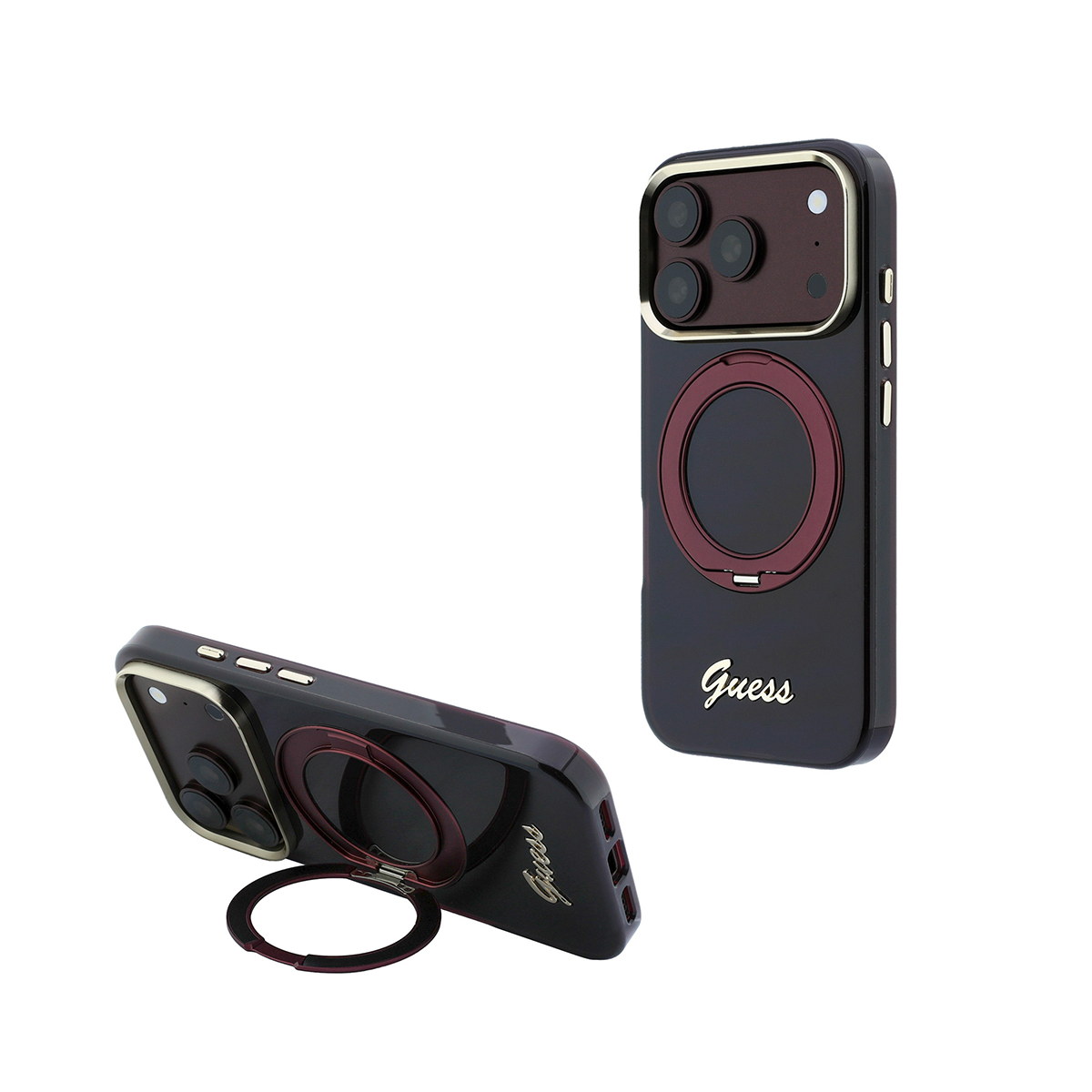Apple iPhone 18 Pro Max Kılıf Guess Orjinal Lisanslı M-safe Şarj Özellikli 360 Derece Dönebilen Standlı Metal Yazı Logolu Silikon Kapak